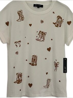 NWT..On 12th Small Western Cream Short Sleeve Top Bronze & Rhinestone Motif